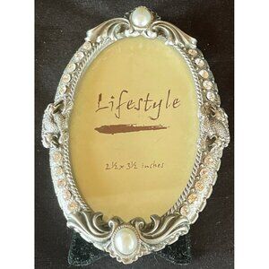 Elegant Oval 2.5x3.5 Silver Picture Frame with Faux Pearls & Rhinestones